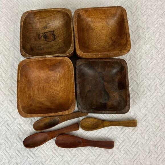 Vintage Antique 8 Piece Teak Wood Primordial Bowl and Spoon Sauce Serve Set - Picture 3 of 13